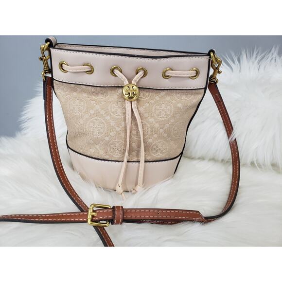 Tory‎ Burch Ivory T Monogram Mini Bucket Bag Crossbody Purse - Picture 1 of 12
